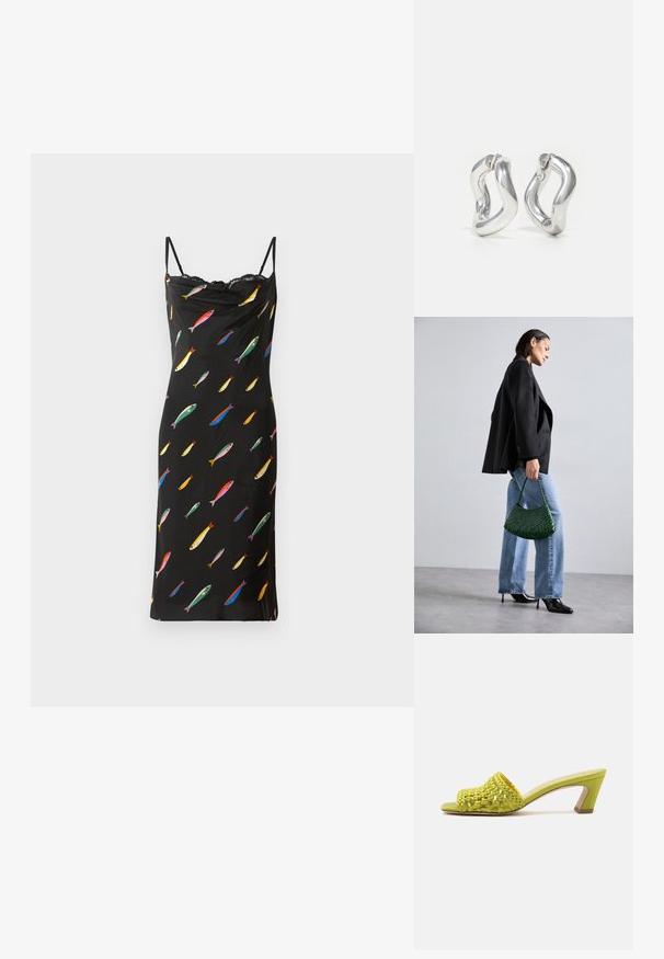 Vestido negro sin mangas con cuello drapeado, hecho de una tela suave. Presenta un estampado de peces coloridos por toda la prenda y un borde de encaje en el escote.; Tacón mule con punta abierta en verde lima con parte superior de cuero trenzado y tacón de bloque de altura media sobre un fondo liso.; DRAGON DIFFUSION ROSANNA - Bolso de mano - forest; Pendientes de aro plateados con un diseño retorcido. Bordes redondeados y acabado brillante. Cierres abiertos para un fácil uso. Textura suave en toda la superficie.