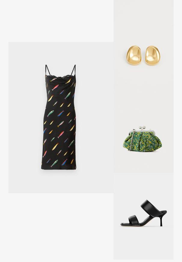 Vestido negro sin mangas con cuello drapeado, hecho de una tela suave. Presenta un estampado de peces coloridos por toda la prenda y un borde de encaje en el escote.; Sandalia mule de cuero negro con dos tiras anchas y un tacón de aguja delgado de altura media sobre un fondo claro y sencillo.; Bolso de mano en tela verde con estampado floral amarillo y azul, marco metálico plateado y correa de cadena. Diseño plisado que añade textura.; Pendientes de studs en color dorado con una forma suave y redondeada y una superficie reflectante, que exhiben un diseño minimalista y sin patrones visibles.