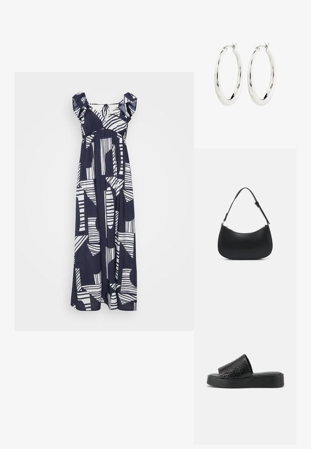 Vestido maxi azul marino con patrones abstractos blancos, con tirantes de hombro con volante y una silueta suelta y fluida. Textura de tela suave.; Sandalia tipo slide de plataforma negra con parte superior tejida texturizada y suela gruesa, mostrada de lado sobre un fondo claro y liso.; Pieces PCALUANA SHOULDER BAG - Bolso de mano - black; Pendientes de aro de plata con un acabado suave y brillante. Forma circular, con un cierre seguro. Diseño sencillo y elegante.