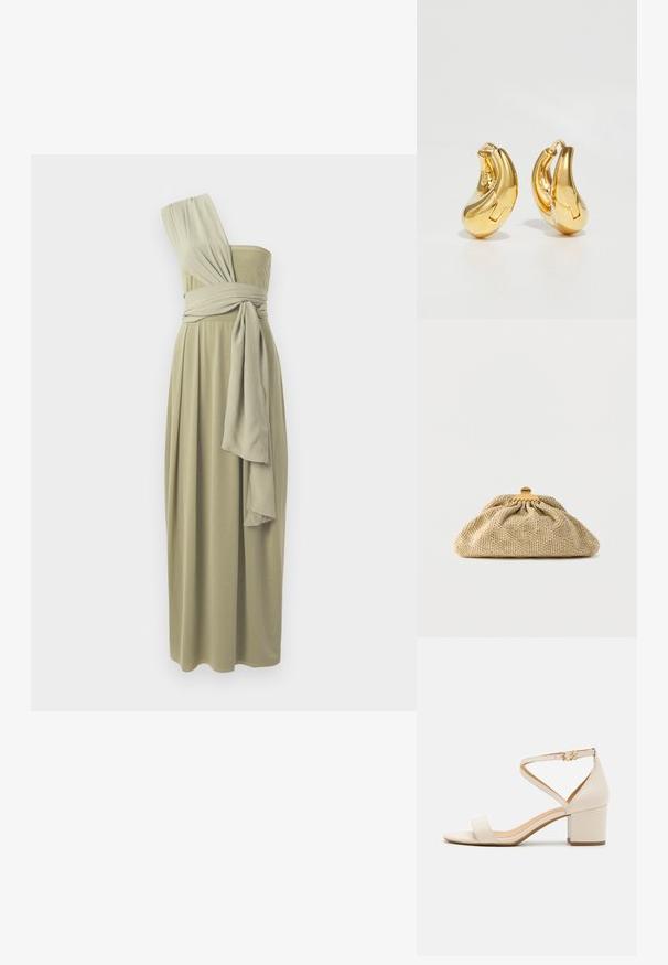 Robe midi à une épaule en vert olive, avec un tissu drapé et une taille enveloppée. Texture lisse avec un design fluide.; Sandales à talon bloc beiges présentant un design minimaliste, bout ouvert et une sangle de cheville ajustable avec une boucle dorée. Texture lisse.; Pochette tricotée beige texturée avec une forme arrondie et une fermeture à clip en métal doré, sur fond blanc uni.; Boucles d'oreilles en or en forme de d'anneaux lisses et courbés avec une finition polie. Équipées d'un mécanisme de fermeture et de légères indentations pour le détail.
