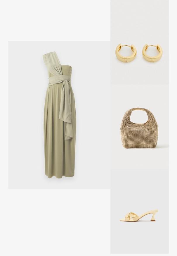 Olijfgroen midi-jurk met één schouder, voorzien van gedrapeerde stof en een gewikkelde taille. Zachte textuur met een vloeiend ontwerp.; Beige open-toe muiltje met mid-hoog gebogen hak en overlappende bandjes op een effen lichte achtergrond.; Kleine handtas in goudkleur, bedekt met glanzende ronde studs, met een kort handvat en een rechthoekige uitsnede aan de bovenkant.; Gouden oorringen met een gladde, gepolijste afwerking, cirkelvormig ontwerp en een scharnierende sluiting. Het ontwerp is eigentijds en minimalistisch.