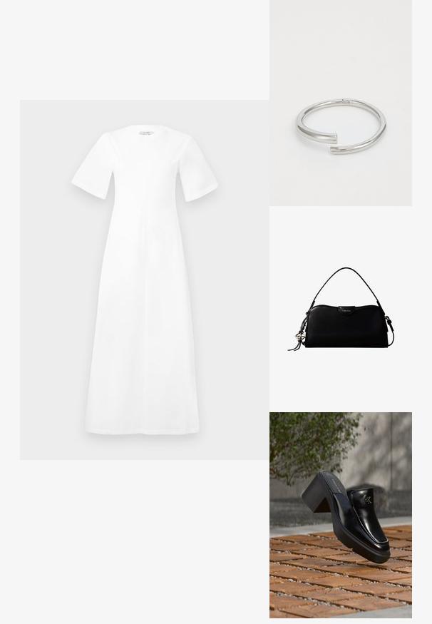 Vestido blanco de longitud hasta la rodilla, con mangas cortas, cuello redondo y un corte holgado, hecho de una tela suave sin patrones ni detalles visibles.; Mule tipo slip-on de cuero negro de Calvin Klein con tacón de bloque descansando sobre baldosas de madera al aire libre cerca de una planta verde y una pared gris.; Bolso rectangular negro de Calvin Klein con una única correa superior, dije con el logo plateado y un pequeño cierre de solapa en la parte frontal.; Calvin Klein SPIRAL - Pulsera - silver-coloured