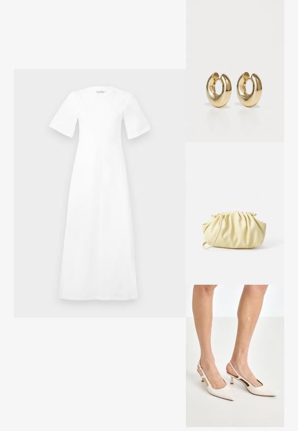 Hvid, knælængde kjole med korte ærmer, rund halsudskæring og en løs pasform, lavet af glat stof uden synlige mønstre eller accenter.; Beige patenterede læder slingback hæle med spids tå og 5 cm hæl, med udskårne sider og en tynd ankelrem.; Gul plisseret håndtaske lavet af glat kunstlæder, med en blød form, en enkelt skulderrem og samlet topdesign.; Guldtonet hoop øreringe med en glat, poleret overflade. Cirkulær form med en åbning, der fremhæver et moderne design.