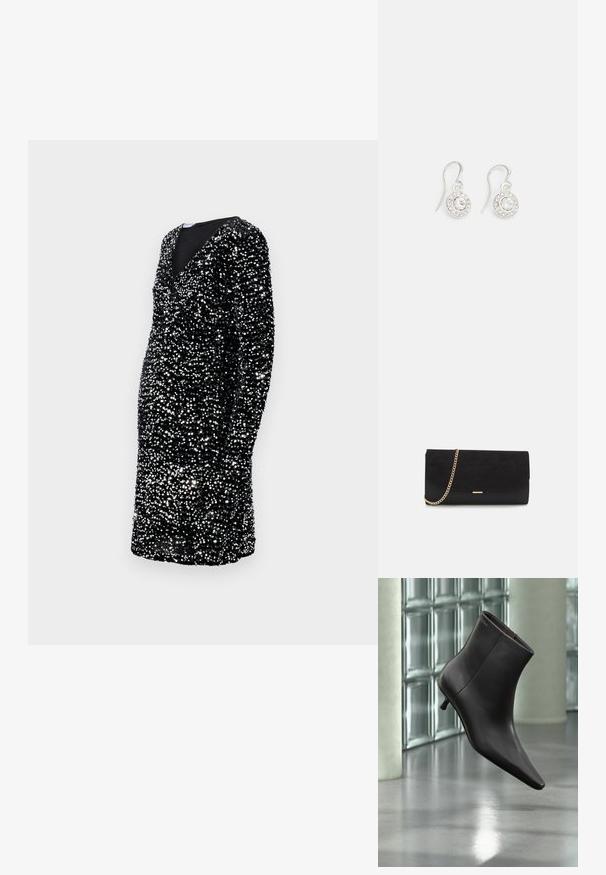 Vestido negro de mangas largas, escote en V profundo, adornado con lentejuelas plateadas, silueta ajustada, hasta la rodilla, superficie texturizada.; Bota de cuero negro para el tobillo con puntera puntiaguda y tacón pequeño, exhibida frente a una pared de bloques de vidrio y un suelo pulido.; Bolso de mano negro hecho de ante con un acabado texturizado, que presenta una cadena dorada y un diseño elegante y angular.; Pendientes de gancho en tono plateado con diseño circular, que cuentan con un brillante de vidrio transparente en el centro rodeado de pequeñas piedras brillantes.