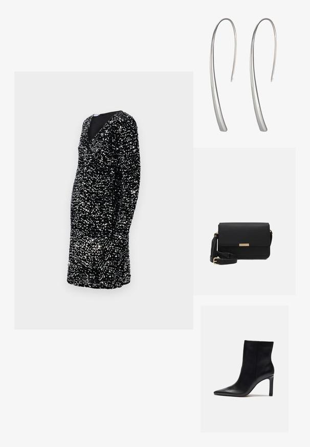 Zwarte jurk met lange mouwen, diepe V-hals, versierd met zilveren pailletten, nauwsluitende silhoeet, knie-lang, gestructureerd oppervlak.; Zign by Zalando Enkellaarsjes met hoge hak - black; Zwarte leren schoudertas met een flap sluiting, gouden hardware accenten, verstelbare schouderriem en gestructureerd oppervlak. Compakte rechthoekige vorm.; Lange zilveren druppelohrringen met een slank, langwerpig ontwerp en een gladde, gepolijste afwerking. Kenmerken een minimalistische gebogen vorm.