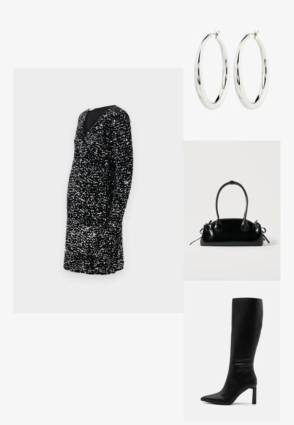 Vestido negro de mangas largas, escote en V profundo, adornado con lentejuelas plateadas, silueta ajustada, hasta la rodilla, superficie texturizada.; Even&Odd by Zalando Botas - black; Pequeño bolso negro brillante con dos asas largas y detalles de cordón lateral sobre un fondo claro liso.; Pendientes de aro de plata con una superficie lisa y reflectante. Forma redonda y grande con un cierre seguro en la parte superior. El acabado pulido resalta el brillo.