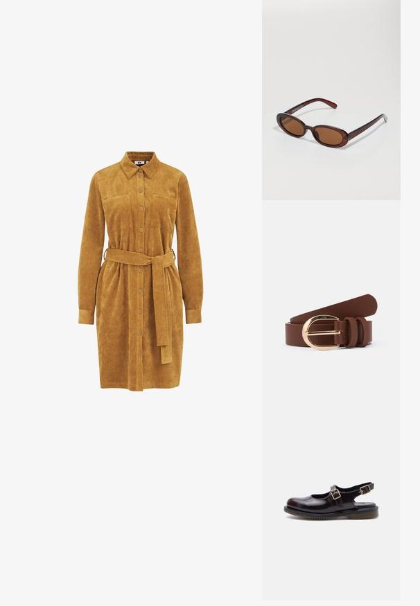 Vestido camisero de corduroy mostaza con mangas largas, botonera frontal, dos bolsillos en el pecho, cintura ajustada con cinturón y textura de canalé vertical.; Zapato tipo Mary Jane de cuero burdeos oscuro con dos hebillas ajustables y suela de goma negra, mostrado de perfil sobre fondo blanco.; Gafas de sol redondas con tinte marrón y un marco burdeos brillante. Patillas delgadas con un sutil detalle de marca. Diseño de lentes planos.; Cinturón de cuero marrón con una hebilla dorada brillante y dos lazos de cuero. Textura suave, diseño plano y extremos redondeados.