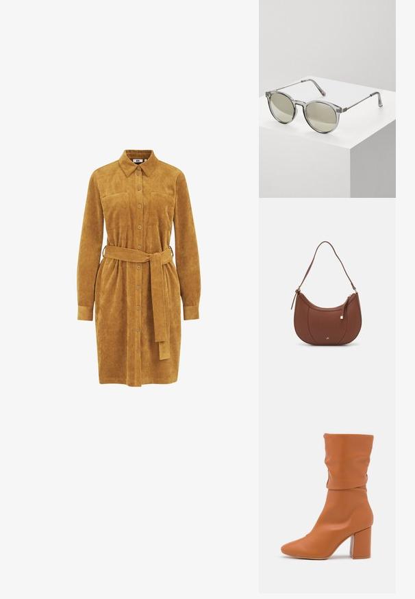 Mosterdkleurige corduroy jurk met lange mouwen, knoopsluiting aan de voorkant, twee borstzakken, een ceintuur en een verticale ribbeltextuur.; Anna Field Laarzen - cognac; Ronde zonnebrillen met transparante grijze monturen en grijs-getinte lenzen. Metalen accenten op de veren en gebogen armen voor stabiliteit.; Bruine faux leren schoudertas met een gebogen vorm, minimale stiksels en een gouden hardware-accent. Voorzien van een bovenste ritsluiting en een verstelbare schouderband.