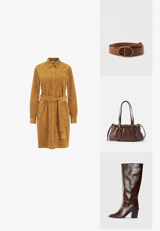Mosterdkleurige corduroy jurk met lange mouwen, knoopsluiting aan de voorkant, twee borstzakken, een ceintuur en een verticale ribbeltextuur.; Hoge donkerbruine leren laars met een spitse neus en een gestapelde blokhak, vanuit de zijkant weergegeven op een effen achtergrond.; Bruine leren handtas met twee lange handvatten,Gathered ontwerp, gouden hardware accenten en een gestructureerde afwerking.; Bruine leren riem opgerold met een ovale koperen gesp, weergegeven op een effen witte achtergrond.