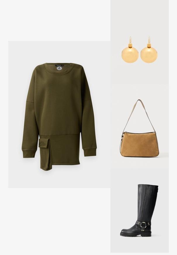 Olijfgroene sweatshirt, zachte stof, ronde hals, lange mouwen, zijsplit met stoffen accent, geborduurd logo-detail aan de onderkant voor.; Zwarte leren kniehoge laars met elastische ribbel, profielzool en decoratieve band met goudkleurige metalen ring en klinknagels.; Kleine rechthoekige lichtbruine suède handtas met een bruine textuurriem en een bovenste rits sluiting tegen een effen achtergrond.; Een paar glanzende gouden kerstbal-oorbellen met haaksluitingen op een effen witte achtergrond.