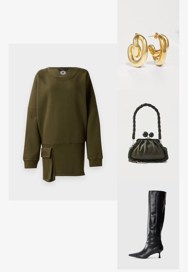 Oliven grøn sweatshirt, blødt materiale, crew neckline, lange ærmer, sidesplit med stofdetalje, broderet logo på den nederste front.; Sorte læder knæhøje støvler med spids tå og slank buet hæl. Glat tekstur, tætsiddende design og ingen synlig hardware eller mønstre.; Olivengrøn læderhåndtaske med flettet håndtag og sølvhardware, med en samlet design og runde låsedetaljer på toppen.; Charlotte Chesnais BO INITIAL BLOW - Øreringe - gold-coloured