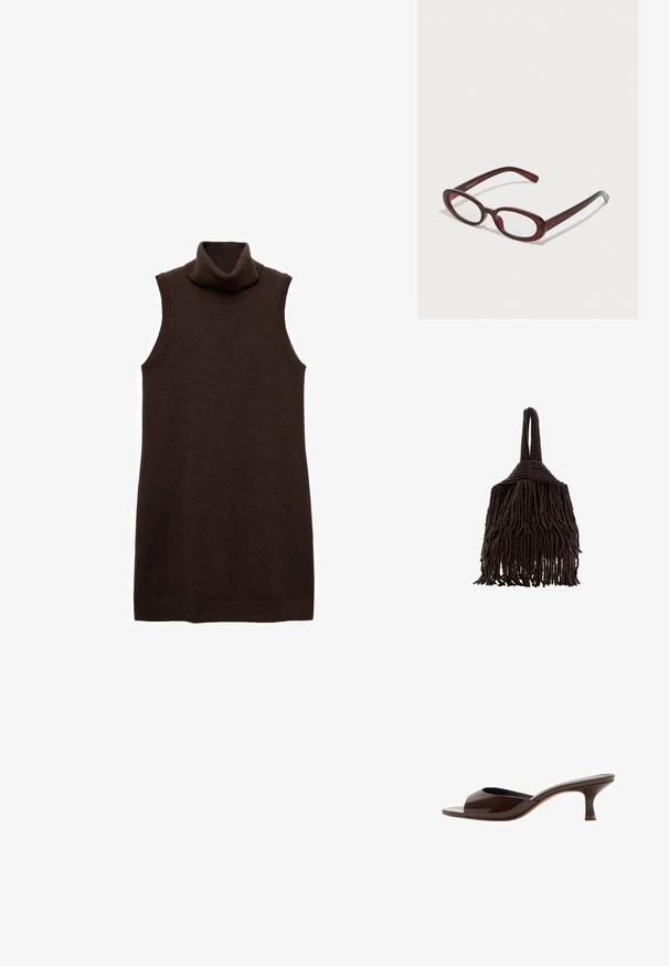 Brun ærmeløs turtleneck kjole lavet af blødt materiale, med en høj krave og en figursyet silhuet, samt ribbede kanter ved halsen og kanten.; Brun åben-tå mule med lav kattehæl og blank finish, set fra siden på hvid baggrund.; Ovale røde solbriller med klare linser og slanke brune stel. Designet har subtile kurver og minimalt hardware.; Lille mørkebrunt håndtaske dækket af tætte perlestrenge med et løkkehåndtag og et frynset, tekstureret design.