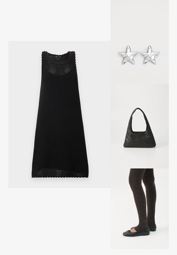 Robe noire sans manches en maille avec un col rond et un motif ajouré, longueur genou avec bords festonnés.; Jambes portant des leggings côtelés foncés associés à des ballerines noires avec de petits détails en nœud sur fond blanc.; Sac à main en cuir noir de forme triangulaire, avec une grande poignée découpée et des coutures détaillées le long des bords. Texture lisse.; Boucles d'oreilles argentées en forme d'étoile, avec une surface lisse et brillante. Chaque boucle d'oreille possède cinq pointes et des détails subtils de texture de surface.
