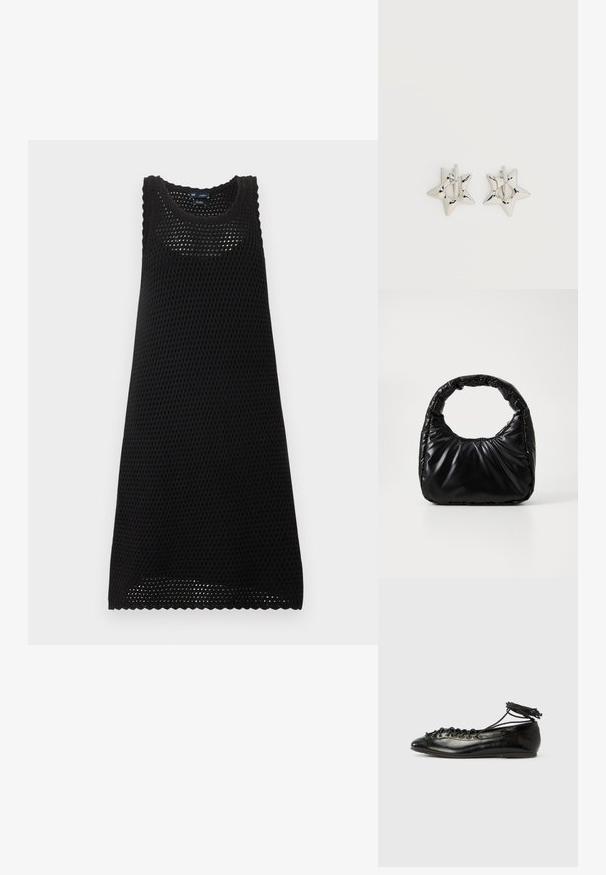 Robe noire sans manches en maille avec un col rond et un motif ajouré, longueur genou avec bords festonnés.; Ballerines en cuir verni noir avec un bout rond, un design à lacets et une semelle plate. Texture lisse avec peu de détails.; Sac à main noir rembourré avec une poignée arrondie, présentant une surface lisse et brillante ainsi qu'une texture douce et matelassée. Pas de quincaillerie ou d'accents visibles.; Boucles d’oreilles créoles en forme d’étoile argentée avec une finition lisse et polie sur un fond blanc uni.