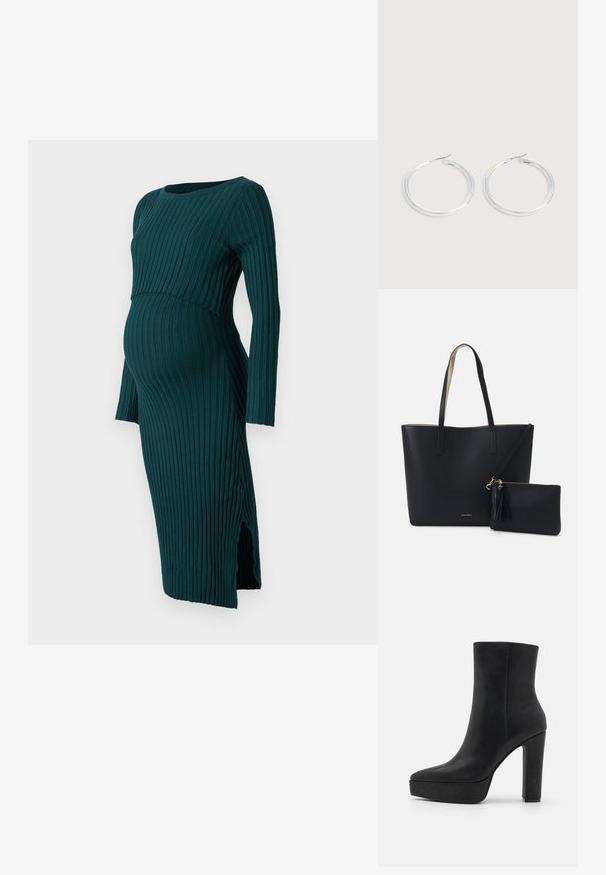 Anna Field MAMA LONG SLEEVES DRESS - Φόρεμα-πουλόβερ - dark green; Μαύρο μποτάκι αστραγάλου από υφαντό δέρμα, με μυτερή μύτη, χοντρή σόλα και ψηλό τετράγωνο τακούνι. Λείο φινίρισμα, με ελάχιστες λεπτομέρειες.; Μαύρη τσάντα tote από υλικό με υφή, με δύο μακριές λαβές και αποσπώμενη τσέπη με φερμουάρ που διαθέτει λεπτομέρεια με τακούνι. Ο χρυσός λογότυπος της μάρκας είναι ορατός.; Ζεύγος λαμπερών ασημένιων κρίκων με λεπτές σύρμα σφραγίδες, παρουσιασμένα σε ανοιχτό γκρι φόντο.