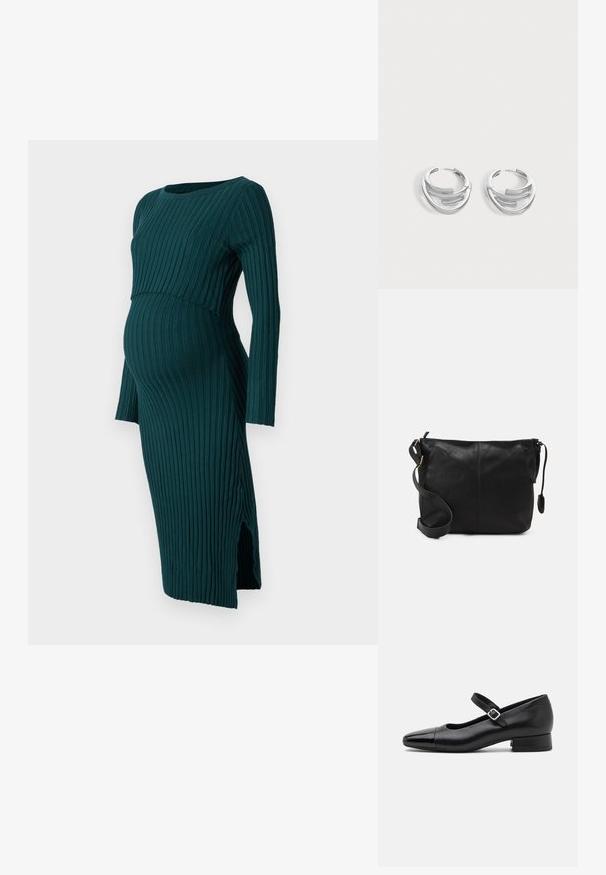 Anna Field MAMA by Zalando LONG SLEEVES DRESS - Vestido de punto - dark green; Zapatos Mary Jane de cuero negro con puntera de charol, correa de tobillo ajustable y tacón bajo. Textura suave y diseño elegante.; Bolso cruzado de cuero negro con forma plana, acentos de hardware dorado y correa ajustable. Textura suave con detalles de costura mínimos.; Par de pendientes de aro plateados pulidos con diseño de barra curva en capas sobre un fondo claro y liso.