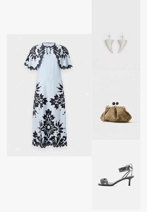 Hellblaues Kleid mit schwarzen Blumenmustern, kurzen Ärmelchen, Rundhalsausschnitt und gewelltem Saum. Mit einer Schnürung am Hals zum Schließen.; Graue Leder-Pumps mit Absatz, verknotetem Riemen über den Zehen und Wickelriemen um den Knöchel auf schlankem, mittelhohem Absatz vor weißem Hintergrund.; Kleine Clutch mit goldenem und schwarzem geometrischem Muster, goldfarbenem Metallrahmen, schwarzem Kugelverschluss und kurzem goldfarbenem Kettenriemen.; Silberne, hornförmige Ohrringe, besetzt mit kleinen klaren Steinen, mit einem Steckverschluss zur Befestigung. Glatte Textur und metallisches Finish.
