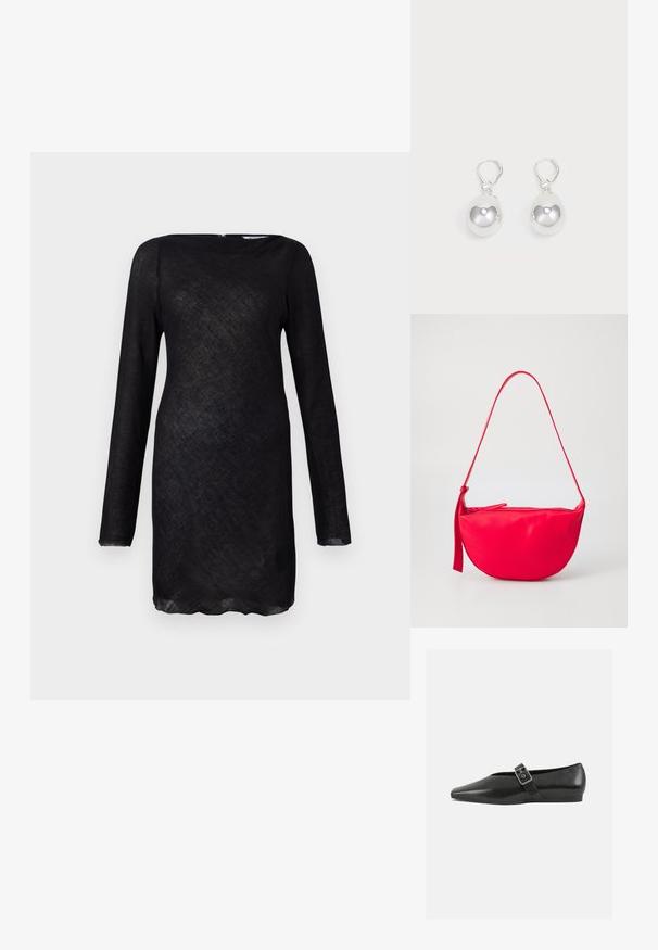 Mustmust mustreft dress, millepne komponente materjalist, millel on ümar kaelus ja kõver alläär. Omab diskreetset tagasitõmbevet.; Must mustril leedjalats, millel on terav varvas, metallist pandla rihm üle jala ja madal, paindlik tall.; Punane nahast õlavöö kott, millel on kumer kuju, lukuga sulgemine ja õhuke reguleeritav rihm. Sile tekstuur koos õmblusbutafoori detailidega.; Hõbedased langenud kõrvarõngad, millel on siledad, ümmargused, peegeldavad pinnad, mis ripuvad klamberkinnituselt. Taust on lihtne valge.