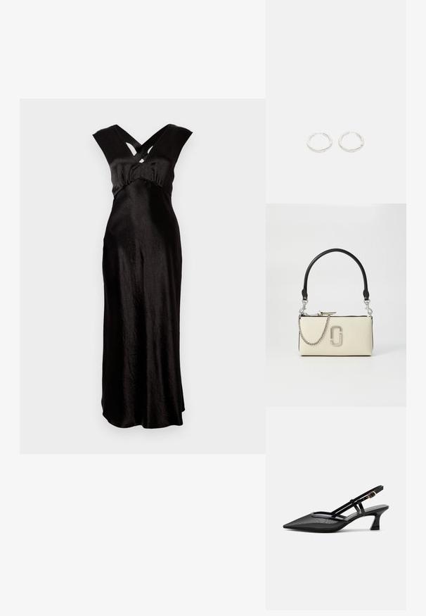 Must must dress, mille pikkusega, millel on ristkülikukujuline V-kaelus ja laiad rihmad. Sile tekstuur ja minimaalne kaunistus.; Mustad terava ninaga slingback-kingad võrgust pealse, õhukeste rihmade, kuldse pandla ja madala kumerdatud kontsaga valgel taustal.; Kreemikollane käekott musta käepidemega, hõbedase ketiga detail ja silmapaistev logo ees. Sile tekstuur ja lukuga sulgemine.; Hõbedased kergelt graveeritud rõngaskõrvarõngad, asetatud lihtsalt valgele taustale.