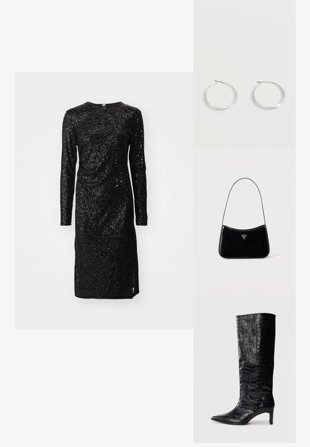 Schwarzes Pailletten-Kleid mit langen Ärmeln, Rundhalsausschnitt, leicht drapierter Gestaltung und einem Schlitz auf einer Seite für mehr Bewegungsfreiheit.; Schwarze kniehohe Stiefel mit glänzender, krokodilgeprägter Textur, spitzer Zehenpartie und schmalem Absatz. Glattes synthetisches Material.; Schwarze Schultertasche aus Lackleder mit schmalem Riemen, dreieckigem Guess-Logo vorne und einem Reißverschluss oben.; Silberne Metallcreolen mit glatter, leicht gebogener Oberfläche und Klappverschluss vor schlicht weißem Hintergrund.