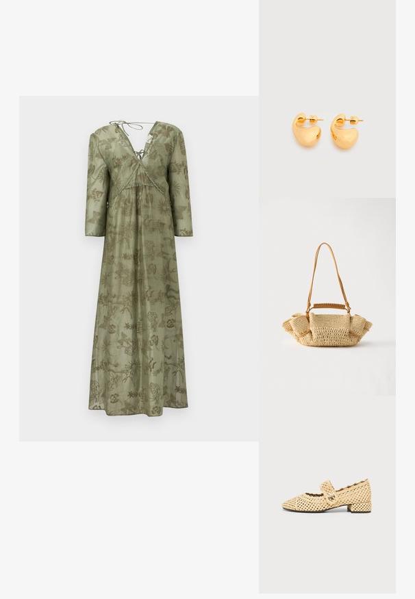 Robe longue vert olive en tissu léger, avec un col en V, des manches trois-quarts et un motif complexe de feuilles et d'animaux.; Chaussure Mary Jane tissée beige avec un petit talon bloc et une bride à boucle sur le dessus sur un fond uni.; Sac à main beige tressé avec une longue lanière fine et des côtés froncés, avec une petite poignée enveloppée de cuir pour différentes options de port.; Paire de petites boucles d'oreilles clous épaisses en métal doré avec des formes lisses, courbes et abstraites sur un fond clair.