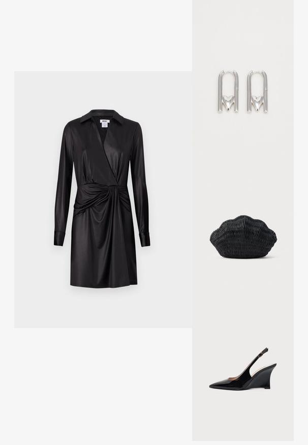 Robe portefeuille noire à manches longues, en satin brillant. Présente un détail plissé à la taille et un col classique.; Chaussure compensée à bride arrière en cuir verni noir avec bout pointu et boucle réglable à la cheville sur fond blanc.; Sac à main en osier noir en forme de coquille Saint-Jacques avec un dessus courbé et une texture tressée sur un fond uni.; Boucles d'oreilles en métal argenté présentant une forme en U avec un accent en forme de cœur à la base, une texture lisse et une finition polie.