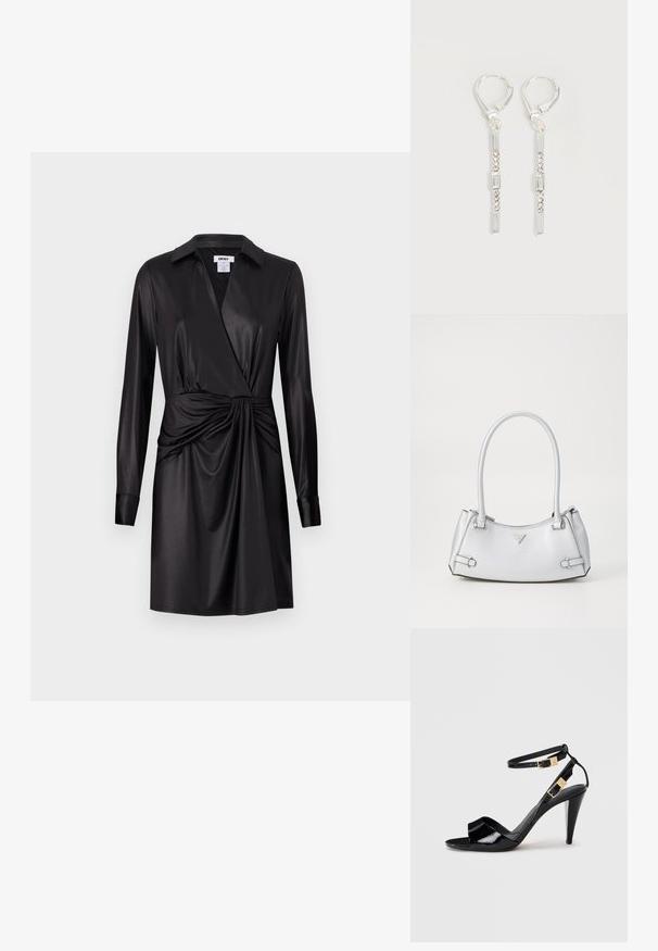Robe portefeuille noire à manches longues, en satin brillant. Présente un détail plissé à la taille et un col classique.; Sandale à talon haut en cuir verni noir avec double bride de cheville et boucles dorées, bout ouvert, et talon effilé sur fond neutre.; Sac à main argenté avec un design structuré, doté de deux poignées, d'une texture brillante, de quincaillerie accentuée et d'un logo triangulaire sur le devant.; Boucles d'oreilles pendantes en argent avec des cristaux clairs rectangulaires et ronds alignés verticalement, sécurisées par des fermoirs à levier.