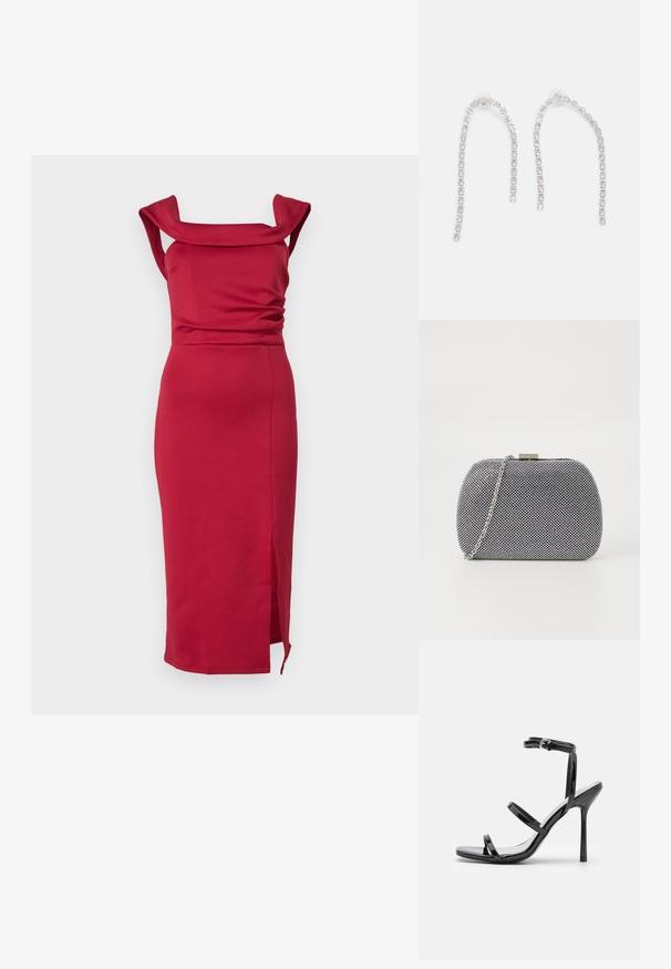 Robe midi rouge ajustée en tissu lisse. Présente un décolleté carré, des épaules drapées et une fente sur le côté pour une touche supplémentaire.; Sandales à talons hauts en cuir verni noir avec trois sangles horizontales et une sangle de cheville ajustable. Silhouette élégante et finition brillante.; Pochette texturée noir et blanc de forme arrondie, avec une chaîne en métal argenté et un fermoir en métal en haut.; Boucles d'oreilles en argent avec des chaînes pendantes, présentant plusieurs pierres précieuses claires disposées en motif linéaire, offrant un effet scintillant.