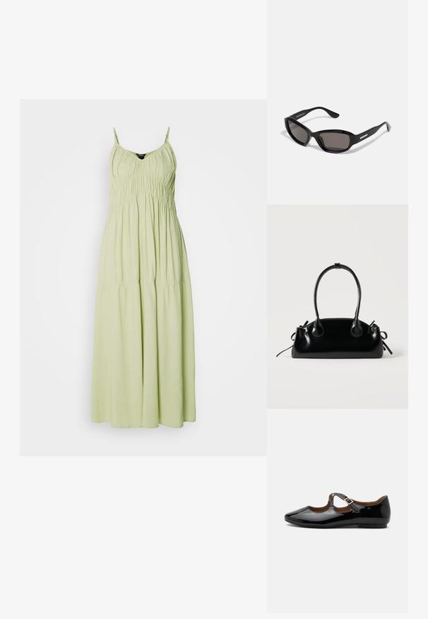 Robe longue vert clair avec des bretelles fines, un buste froncé et une jupe fluide. Fabriquée à partir d'un tissu doux au toucher lisse.; Chaussure plate Mary Jane en cuir verni noir avec deux découpes et une bride à boucle dorée sur fond blanc.; Lunettes de soleil noires avec une monture rectangulaire, des verres sombres, un matériau plastique lisse et un accent métallique sur la branche.; Petit sac à main noir brillant avec deux longues anses et des détails à cordon sur les côtés sur un fond clair uni.