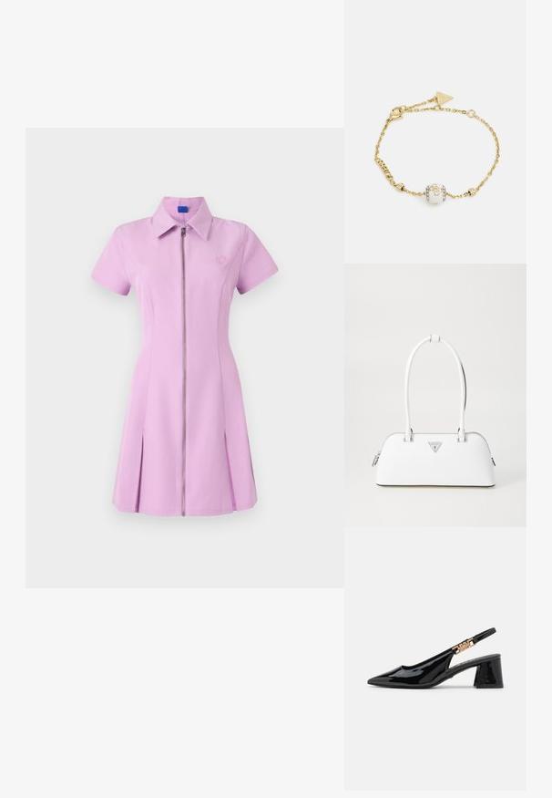 Lyhyttakkinen, vaaleanpunainen, vetoketjullinen mekko, jossa on kaulus, laskostettu hame ja brodeerattu logo rinnassa. Sujuva kangas, jossa on hieman jämäkkä muoto.; Mustat lakatut slingback-korkokengät, joissa on terävä nenä ja kultasävyinen metalliosuus hihnassa, varustettu lohkokorolla. Sujuva pinta.; Valkoinen nahkalaukku, jossa on kaareva muoto, hopeinen kolmion muotoinen logo ja vetoketjukiinnitys. Liukas pinta ja kaksinkertaiset kahvat.; Kultaketjuhandi, joka sisältää valkoisen helmipallon kaiverruksella ja kristallikoristeilla, viimeistelty turvallisella lukolla ja kolmion muotoisella logotunnuksella.