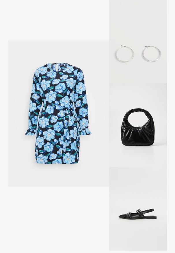 Bloemige jurk met een marineblauwe achtergrond en blauwe en witte bloemen, lange mouwen, een strik taille en gerafelde mouwmanchetten.; Even&Odd by Zalando Slingback ballerina´s - black; Zwarte gevoerde handtas met een ronde handgreep, met een gladde, glanzende oppervlakte en een zachte, gewatteerde textuur. Geen zichtbare metalen onderdelen of accenten.; Zilverkleurige metalen creolen oorbellen met een glad, licht gebogen oppervlak en sluitingen met haaksluiting op een effen witte achtergrond.