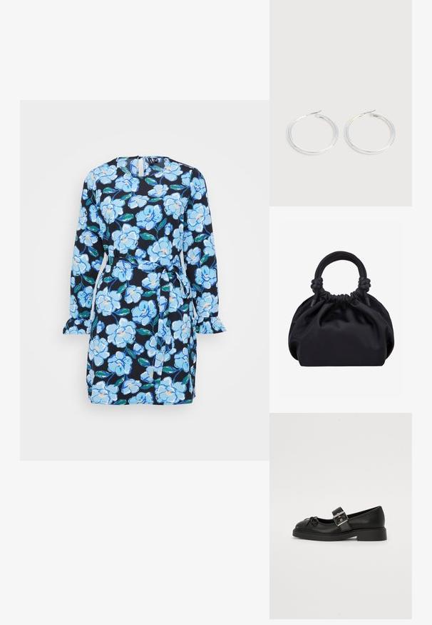 Vestido floral con fondo azul marino y flores en azul y blanco, de mangas largas, cintura con lazo y puños de manga con volantes.; Zapato Mary Jane de cuero negro con punta redonda, correa al tobillo y detalles de hebilla plateada. Presenta una suela plana y robusta con un acento de lazo.; Bolso de mano de tela negra suave con parte superior fruncida y asas acolchadas circulares atadas con nudos a cada lado.; Pareja de pendientes de aro plateados brillantes con cierres de alambre delgado, mostrados sobre un fondo gris claro.
