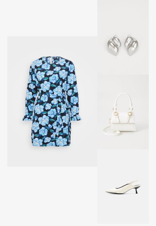 Vestido floral con fondo azul marino y flores en azul y blanco, de mangas largas, cintura con lazo y puños de manga con volantes.; Zapato slingback de punta puntiaguda color crema con tacón bajo tipo gatito negro y acabado en cuero liso sobre fondo blanco.; Bolso de mano de imitación cuero blanco con un diseño estructurado, acentos en hardware dorado, doble asa superior y una correa para el hombro ajustable.; Pendientes de plata con una forma orgánica y abstracta. Superficie lisa y brillante con un diseño cónico. Presentan suaves curvas y un detalle de línea central.