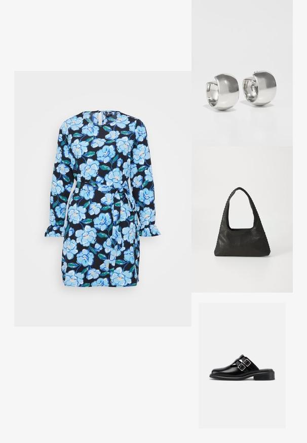 Vestido floral con fondo azul marino y flores en azul y blanco, de mangas largas, cintura con lazo y puños de manga con volantes.; Zapato negro de cuero sin cordones con dos hebillas plateadas, lados abiertos, puntera redonda y tacón bajo apilado, mostrado de perfil sobre fondo blanco.; Bolso de cuero negro con forma triangular, un gran asa recortada y costuras detalladas a lo largo de los bordes. Textura suave.; Uncommon Matters SCULPTURAL LARGE CREOLE - Pendientes - silver-coloured