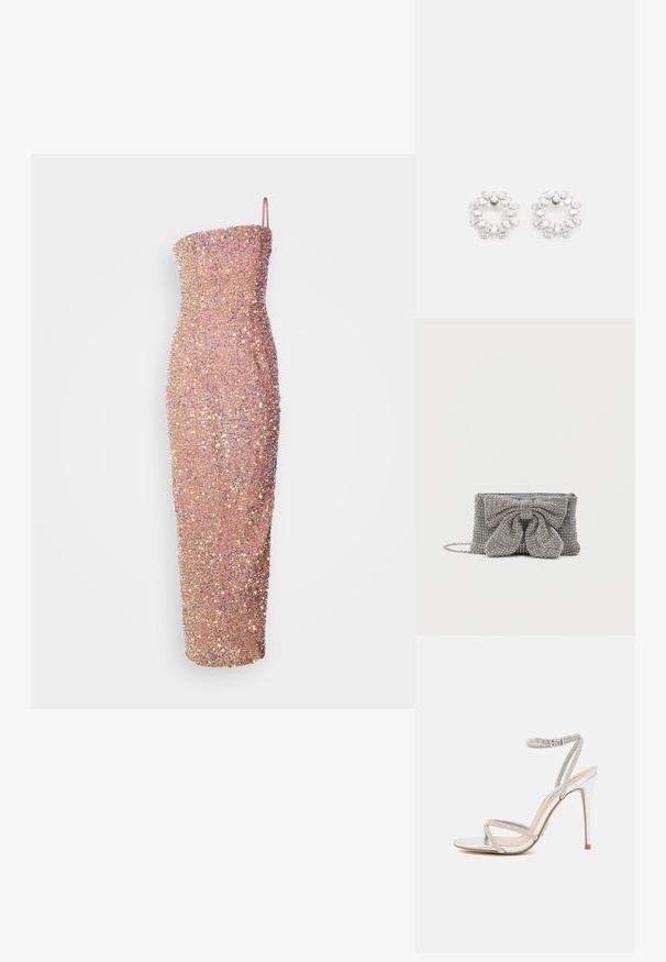 Mouwloze, aansluitende midi-jurk in lichtroze, versierd met pailletten voor textuur en glans. Slanke silhouet met een rechte halslijn.; Zilveren hoge hakken sandaal met dunne bandjes, versierd met strass steentjes, met een slank ontwerp en een spitse neus.; Sprankelende grijze handtas met een gestructureerd oppervlak, voorzien van een grote strikaccent aan de voorkant en een kettingband. Compact rechthoekig van vorm.; Ronde oorbellen van metaal, voorzien van meerdere heldere, facetteerde stenen die in een sprankelend patroon zijn gerangschikt. Kleurloos en reflecterend.