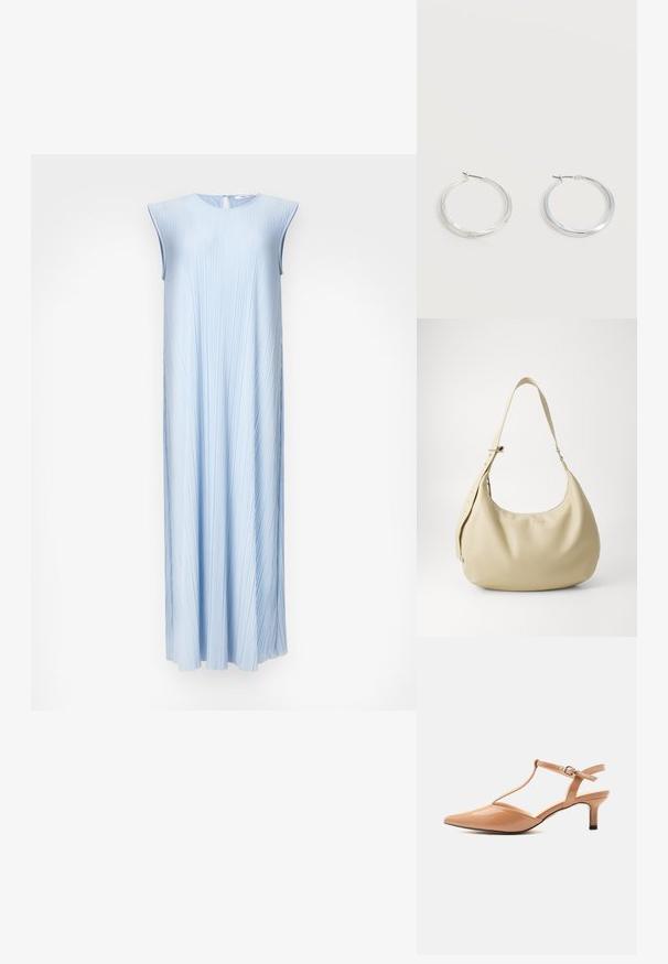 Vestido sin mangas de plisados en azul claro con un escote redondo y un cierre en la espalda con forma de llave. Silueta en A fluida, textura suave y un brillo sutil.; Zapato beige de charol con puntera puntiaguda, tacón kitten, con tira en T y hebilla ajustable sobre fondo blanco.; Bolso de hombro de cuero beige con forma curva, correa ajustable y detalle de logo en relieve, que presenta una textura suave y un diseño minimalista.; Pendientes de aro de metal plateado con superficie lisa y ligeramente curvada y cierre de tipo mosquetón sobre un fondo blanco liso.