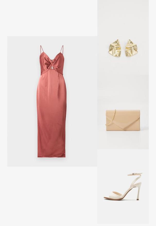Malina PATRIZIA CUT OUT SLIP MAXI - Galajurk - terracotta; Beige sandaal met hoge hak, dunne enkelband met gouden gesp, open teen en slanke naaldhak op een witte achtergrond.; Beige gepatineerd leren clutch met een gouden kettinghengsel, met een envelopontwerp en een spitse klepsluiting. Gladde textuur overal.; Gouden metallic oorbellen met een golvend ontwerp; glad, weerspiegelend oppervlak; asymmetrische vorm; geen zichtbare patronen of hardware.