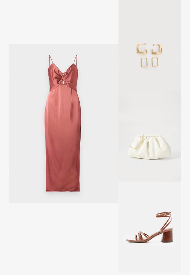 Malina PATRIZIA CUT OUT SLIP MAXI - Galajurk - terracotta; Bruine sandaal met bandjes, blokhak en enkelriempje met gesp, minimalistisch ontwerp, glad leren textuur, zijaanzicht op effen achtergrond.; Witte leren handtas met een geassembleerd ontwerp, voorzien van een gouden kettingband en een ronde vorm. Gladde textuur met zachte plooien en geen patronen.; Twee paar gouden geometrische creolen op een effen witte ondergrond, een paar vierkant en massief, een paar rechthoekig en hol.
