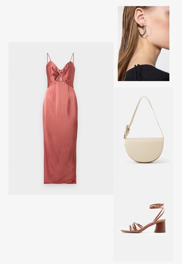 Malina PATRIZIA CUT OUT SLIP MAXI - Gallakjole - terracotta; Brun sandal med stropper, blokhæl og ankelrem med spænde, minimalistisk design, blød lædertekstur, sidevisning på ensfarvet baggrund.; HVISK NOMI SOFT STRUCTURE - Håndtasker - bone white; Sølv hoop ørestik med en poleret overflade, prydet med små guld accenter og en rund form, båret på øreflippen.