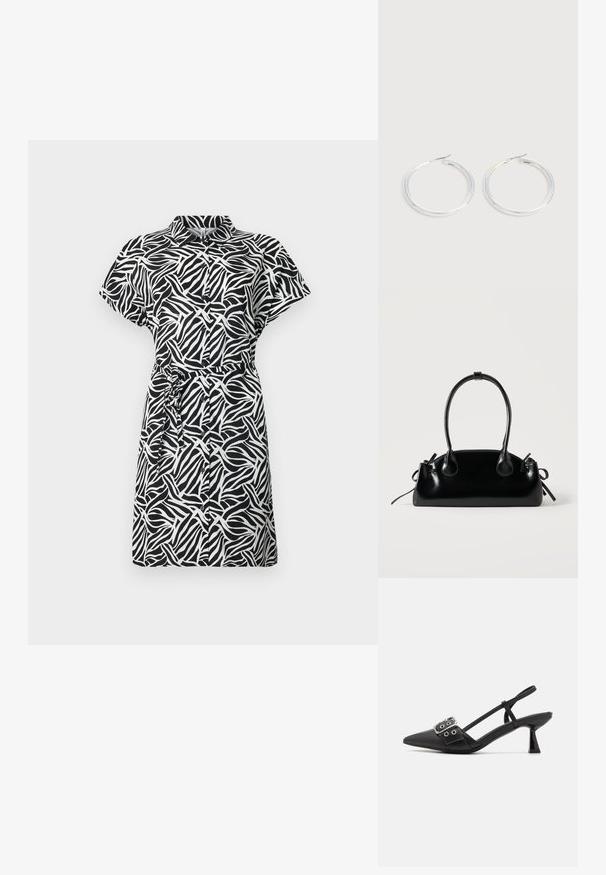 Kortærmet kjole i sort og hvid med abstrakt bølgemønster, krave, knaplukning foran og taljebånd for justerbar pasform. Glat stof.; Simmi London DALA - Pumps - black; Lille sort blank håndtaske med to lange håndtag og snøre-detaljer i siden på en ensfarvet lys baggrund.; Par skinnende sølvøreringe med tynde trådlåse, vist på en lys grå baggrund.
