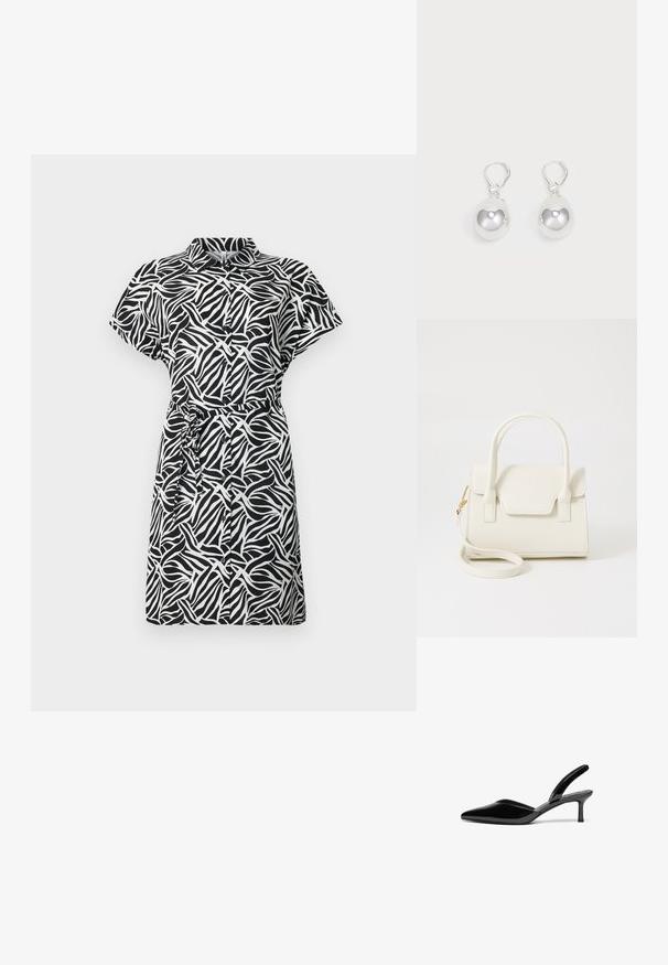 Lyhythihainen mekko mustavalkoisella abstraktilla aalto-kuvioinnilla, kaulus, nappikiinnitys edessä ja vyö säätöystävällistä istuvuutta varten. Silkkinen kangas.; Musta patentoitu nahka slingback-korkokengät, joissa on terävä kärki, matala stiletto-korko ja tyylikäs, yksinkertainen muotoilu ilman koristeita.; Pieni valkoinen käsilaukku, jossa on kaksinkertaiset kahvat, etuklappi ja irrotettava olkahihna kultaisella lukolla, yksinkertaisella valkoisella taustalla.; Hopeakylkiset korvakorut, joissa on sileät, pyöreät ja heijastavat pinnat, riippuvat leuka-takaklipsuista. Tausta on yksinkertainen valkoinen.