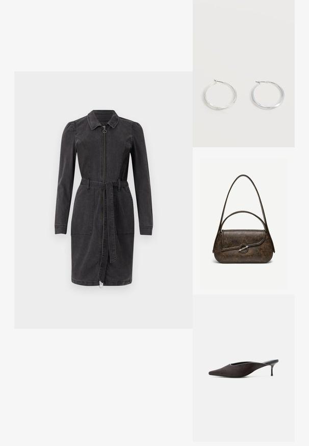 Vestido de mezclilla negro con cuello tipo camisa, mangas largas, cierre frontal de cremallera y cintura ceñida con cinturón. Cuenta con dos bolsillos frontales y un dobladillo recto.; Zapato mule negro con punta puntiaguda, tacón stiletto bajo y acabado liso y elegante, mostrado de perfil sobre un fondo blanco.; Bolso de cuero texturizado marrón oscuro con dos asas, forma rectangular redondeada y cierre de broche circular plateado en la solapa frontal.; Pendientes de aro de metal plateado con superficie lisa y ligeramente curvada y cierre de tipo mosquetón sobre un fondo blanco liso.