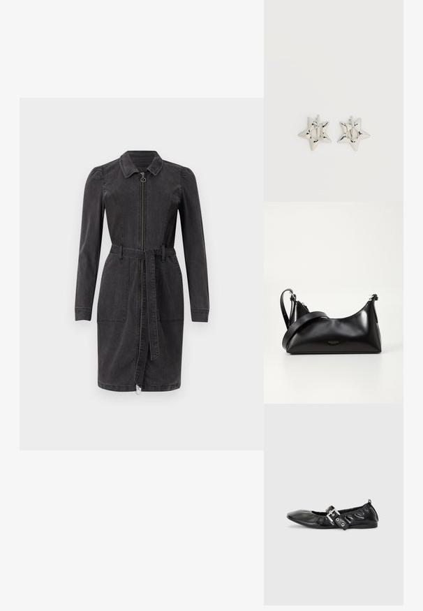 Vestido de mezclilla negro con cuello tipo camisa, mangas largas, cierre frontal de cremallera y cintura ceñida con cinturón. Cuenta con dos bolsillos frontales y un dobladillo recto.; Zapato plano de piel negra con puntera afilada, detalle fruncido alrededor de la abertura y un acento de hebilla plateada en la correa ajustable.; Bolso de mano de cuero negro con una textura suave. Cuenta con una correa ajustable y un diseño elegante y minimalista con cierre de cremallera.; Pendientes de aro plateados en forma de estrella con un acabado liso y pulido sobre un fondo blanco liso.