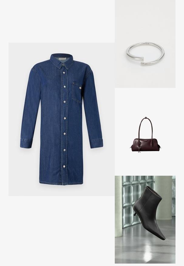 Denim skjortekjole i mørkeblå, med knaplukning foran, lange ærmer, krave og en brystlomme. Glat tekstur med en klassisk pasform.; Sort læderankelstøvle med spids tå og lille hæl vist mod en væg af glasblokke og poleret gulv baggrund.; Mørkebrun lædertaske fra Calvin Klein med lange dobbelte håndtag og en lille logohængende ved det ene håndtag.; Calvin Klein SPIRAL - Armbånd - silver-coloured