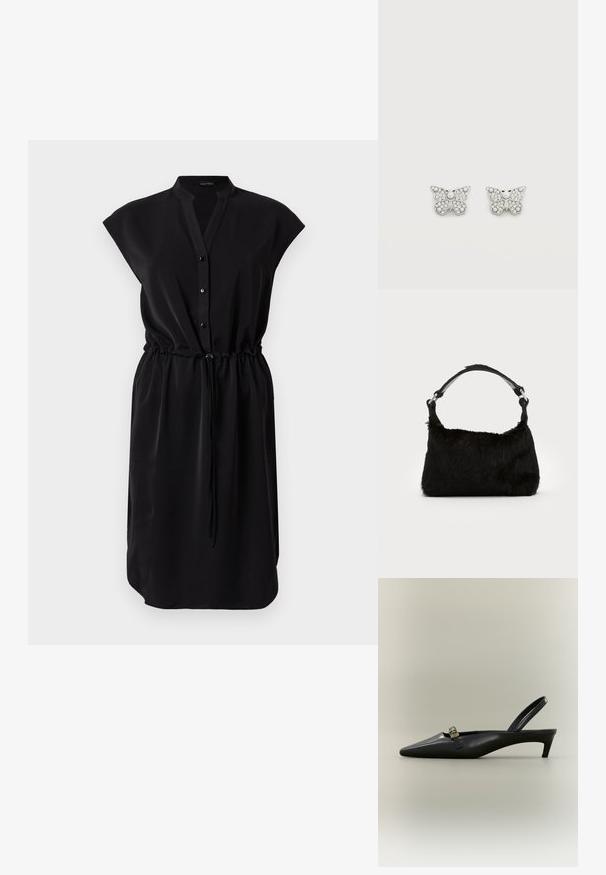 Robe noire sans manches, longueur genou, avec col mandarin, boutons sur le devant et taille réglable par cordon.; Escarpin slingback en cuir noir avec talon kitten, bout pointu et petite boucle dorée sur un fond uni.; Sac à main en fausse fourrure noire avec une texture douce, une forme arrondie et une bandoulière en cuir noir robuste. Accent en métal argenté visible.; Boucles d'oreilles clous en forme de papillon argenté ornées de petits cristaux clairs sur un fond blanc uni.