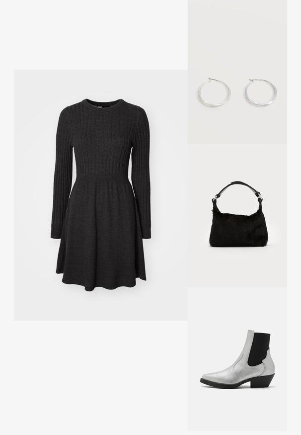 Dunkelgraues geripptes Strickkleid mit langen Ärmeln, rundem Ausschnitt, figurbetontem Oberteil und ausgestelltem Rock. Weicher Stoff, vielseitiges Design.; ONLY SHOES ONLBRONCO SHORT - Cowboy-/Bikerstiefelette - silver; Schwarze Kunstfell-Handtasche mit weicher Textur, runder Form und einem stabilen schwarzen Leder-Schulterriemen. Sichtbare silberne Hardware-Akzente.; Silberne Metallcreolen mit glatter, leicht gebogener Oberfläche und Klappverschluss vor schlicht weißem Hintergrund.