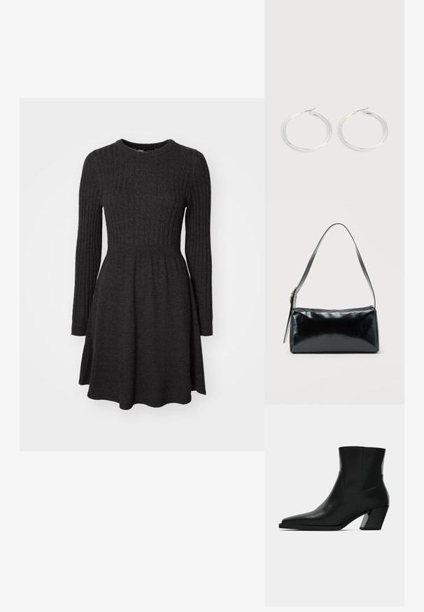 Robe en tricot côtelé gris foncé avec des manches longues, un col rond, un corsage ajusté et une jupe évasée. Texture douce, design polyvalent.; Bottine en cuir noir avec un bout pointu, une silhouette élégante et un talon carré massif. Texture lisse avec des détails de couture minimalistes.; Sac d'épaule rectangulaire noir avec une sangle réglable unique et une fermeture éclair supérieure sur un fond uni.; Paire de boucles d'oreilles créoles argentées brillantes avec fermoirs en fil fin, présentée sur un fond gris clair.