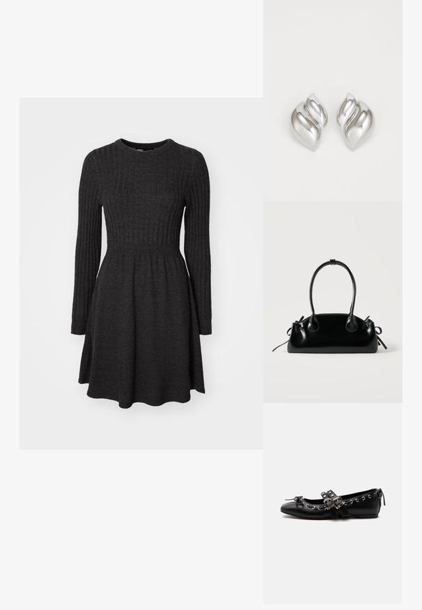 Vestido de punto canalé gris oscuro con mangas largas, escote redondo, cuerpo ajustado y falda acampanada. Textura suave, diseño versátil.; Zapato de ballet plano negro con correas de doble hebilla, ojales plateados y un pequeño lazo cerca de la puntera redondeada sobre un fondo blanco.; Pequeño bolso negro brillante con dos asas largas y detalles de cordón lateral sobre un fondo claro liso.; Pendientes de plata con una forma orgánica y abstracta. Superficie lisa y brillante con un diseño cónico. Presentan suaves curvas y un detalle de línea central.