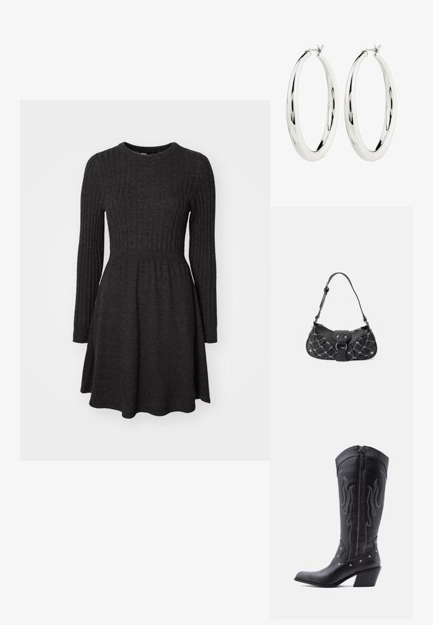 Dunkelgraues geripptes Strickkleid mit langen Ärmeln, rundem Ausschnitt, figurbetontem Oberteil und ausgestelltem Rock. Weicher Stoff, vielseitiges Design.; Schwarze Cowboy-Stiefel aus Leder mit spitzer Zehenpartie, sichtbarer Nahtführung, silbernen Nietenakzenten und Reißverschluss auf der Innenseite.; Schwarze Handtasche mit gestepptem Muster, ausgestattet mit silbernem Metall, in geschwungener Form und einem einzigen verstellbaren Riemen. Mit einem Reißverschlussverschluss oben.; Silberne Creolen mit einer glatten, reflektierenden Oberfläche. Runde, große Form mit einem sicheren Verschluss an der Oberseite. Polierte Oberfläche betont den Glanz.