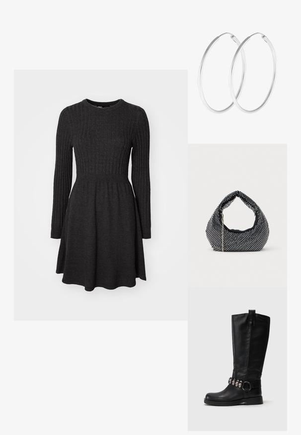 Dunkelgraues geripptes Strickkleid mit langen Ärmeln, rundem Ausschnitt, figurbetontem Oberteil und ausgestelltem Rock. Weicher Stoff, vielseitiges Design.; Tamaris Cowboy-/Bikerboot - black; Schwarze Netz-Handtasche verziert mit silbernen Nieten, mit einem gebogenen Griff und einem Kettenriemen. Weiche Textur mit runder Form.; Silberfarbene Creolen mit einer glatten, runden Form und einer polierten Oberfläche. Beide Ohrringe haben die gleiche Größe und verfügen über einen sicheren Verschlussmechanismus.